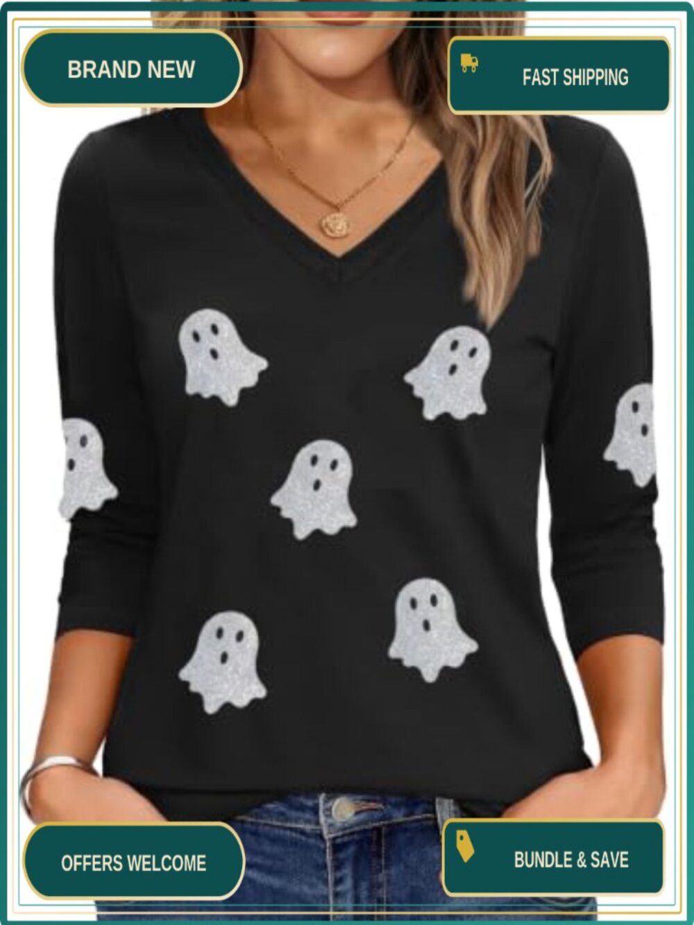 Women's Halloween Ghost Pumpkin V-Neck 3/4 Sleeve Tee Top